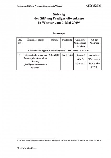 4.506-525 M Satzung der Stiftung Predigerwitwenkasse in Wismar